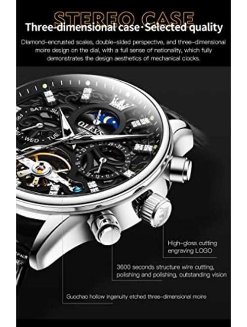 OLEVS Mens Automatic Watches Diamond Skeleton Casual Dress Wrist Watch Leather Strap Day Date Subdial Moon Phase Luminous Waterproof