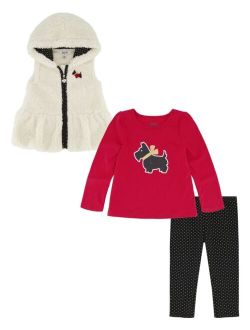 Girls Hooded Sherpa Vest, Doggie T-shirt and Leggings Set, 3 Piece