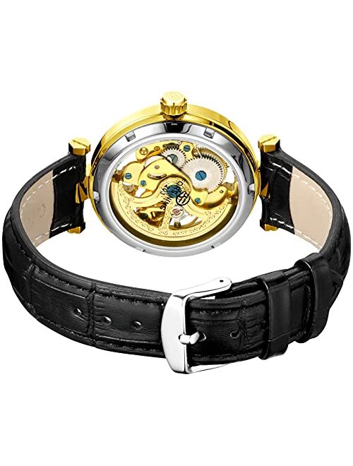 Carlien Skeleton Automatic Steampunk Watches Gold-Tone Luminous Hands Leather Strap Wrist-Watch