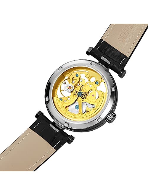 Carlien Skeleton Automatic Steampunk Watches Gold-Tone Luminous Hands Leather Strap Wrist-Watch