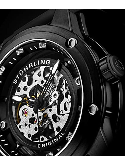 Stuhrling Mens Automatic Watch Skeleton Stainless Steel Self Winding Dress Watch with Rubber Strap 50MM