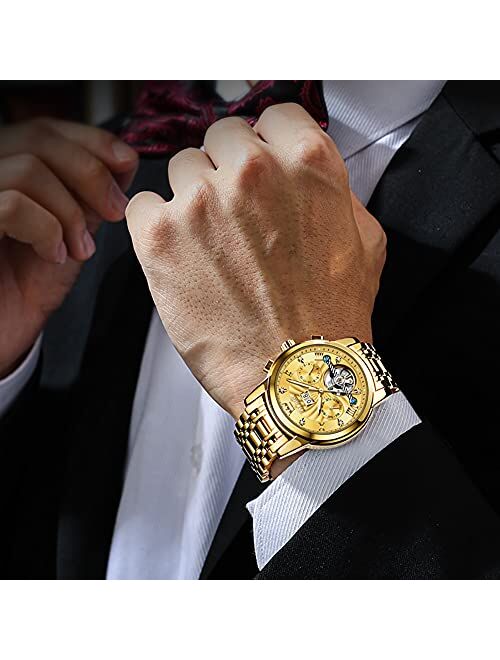 OLEVS Mens Wrist Watches Gold Luxury Self Winding Mechanical Automatic Tourbillon Skeleton Diamond Business Dress Watch Gift