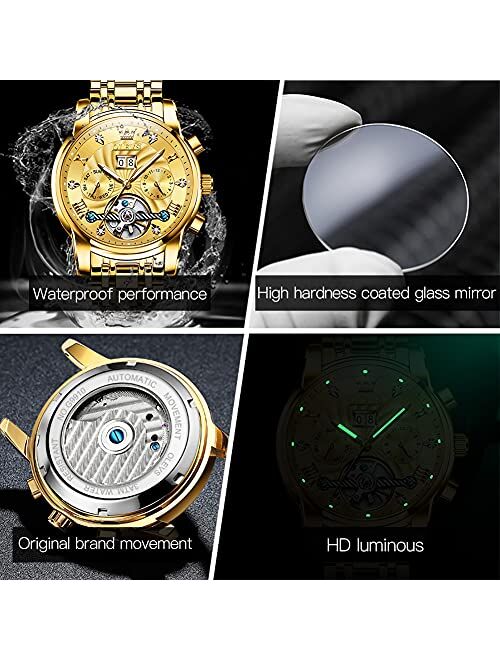 OLEVS Mens Wrist Watches Gold Luxury Self Winding Mechanical Automatic Tourbillon Skeleton Diamond Business Dress Watch Gift