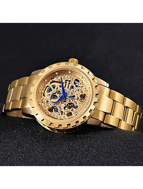 BERNY Mens Watch Automatic Skeleton Full Gold Tone Luxury Wristwatch Waterproof Self Winding Gold Stainless Steel Brand Luminous Dial Indexes Blue Steel Hands Watch