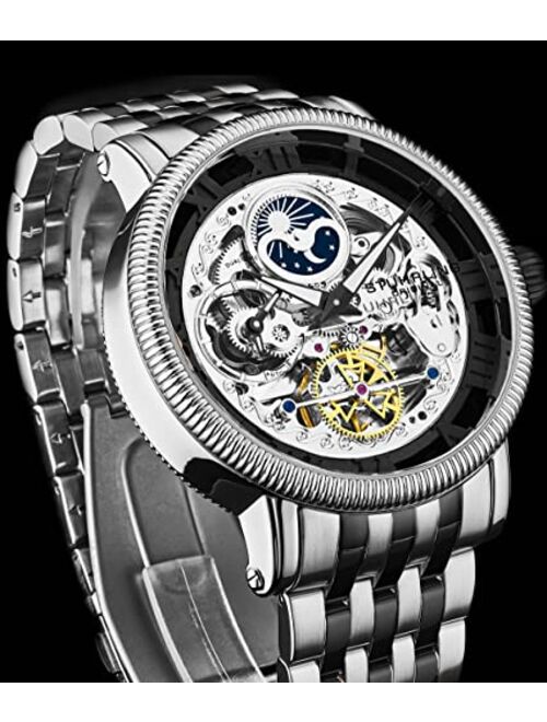 Stuhrling Stührling Original Mens Automatic Watch, Skeleton Watch Analog Dial, Silver Accents, Dual Time, AM/PM Sun Moon, Stainless Steel Bracelet, 3922 Watches for Men Collection