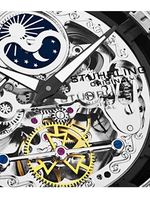 Stuhrling Stührling Original Mens Automatic Watch, Skeleton Watch Analog Dial, Silver Accents, Dual Time, AM/PM Sun Moon, Stainless Steel Bracelet, 3922 Watches for Men Collection