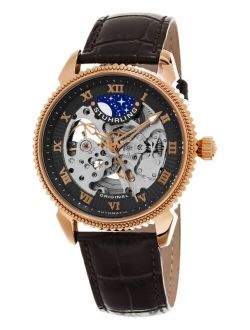 Original Men's Automatic Skeleton Watch, Rose Tone Case on Brown Alligator Embossed Genuine Leather Strap, Gray Skeletonized Dial, With Rose Tone, White, and Blue Accents