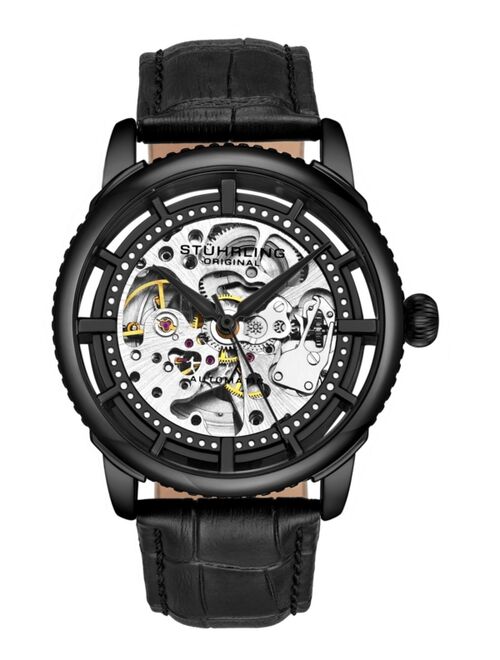 Stuhrling Men's Black Alligator Embossed Genuine Leather Strap Watch 42mm