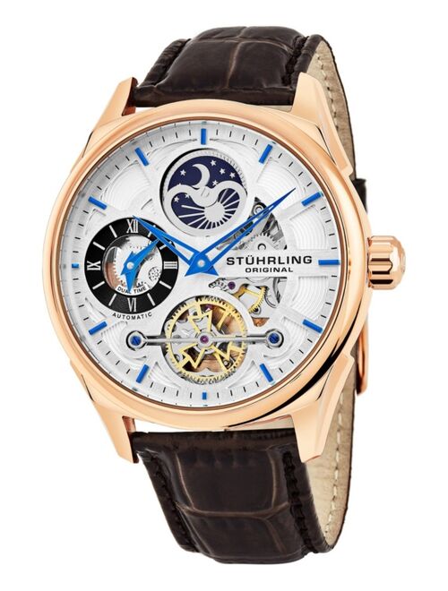 Stuhrling Men's Automatic Skeletonzied Dual Time Brown Alligator Embossed Genuine Leather Strap Watch 42mm