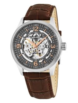 Stainless Steel Case on Brown Alligator Embossed Genuine Leather Strap, Gray Skeletonized Dial, with Rose Tone and White Accents