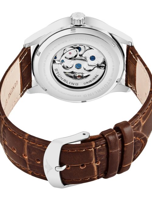 Stuhrling Stainless Steel Case on Brown Alligator Embossed Genuine Leather Strap, Gray Skeletonized Dial, with Rose Tone and White Accents