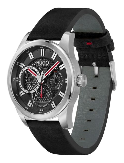 HUGO Men's #Skeleton Black Leather Strap Watch 44mm