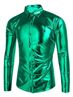 Men's Metallic Shiny Nightclub Slim Fit Long Sleeve Button Down Disco Party Shirts