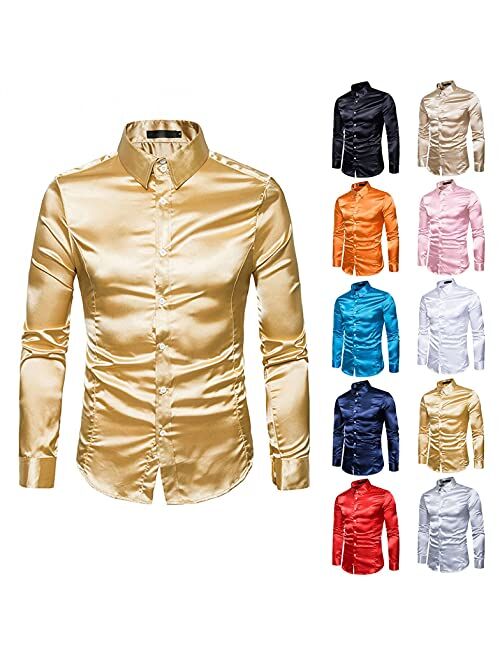 JSPOYOU Men's Shiny Satin Dress Shirts Slim Fit Long Sleeve Button Down Shirts Luxury Paisley Gold Shiny Wedding Party Shirt