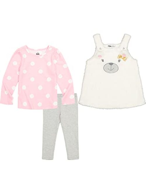 Kids Headquarters Toddler Girls Printed T-shirt, Sherpa Pinafore and Leggings Set, 3 Piece