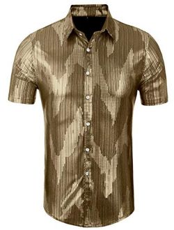 Daupanzees Mens Dress Shirt Short Sleeve Fashion Sequins Luxury Design 70s Disco Shirt Party Costume