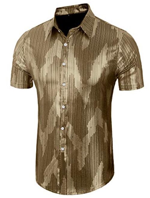 Daupanzees Mens Dress Shirt Short Sleeve Fashion Sequins Luxury Design 70s Disco Shirt Party Costume
