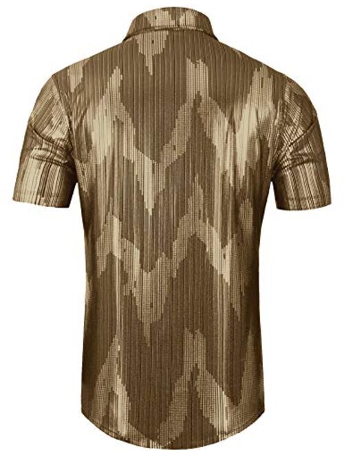 Daupanzees Mens Dress Shirt Short Sleeve Fashion Sequins Luxury Design 70s Disco Shirt Party Costume