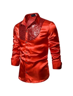 Esefgjk Men's Shiny Sequins Shirts,Lapel Long Sleeve Silk Like Satin Button Up Disco Party Dress Shirts