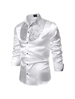 Esefgjk Men's Shiny Sequins Shirts,Lapel Long Sleeve Silk Like Satin Button Up Disco Party Dress Shirts