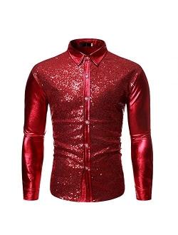 LEIYAN Mens Fashion Sequin Shiny Button Down Shirt Long Sleeve Slim Fit 70s Disco Nightclub Party Dress Shirts Tops