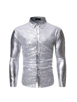 LEIYAN Mens Fashion Sequin Shiny Button Down Shirt Long Sleeve Slim Fit 70s Disco Nightclub Party Dress Shirts Tops