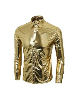Jila Men Nightclub Metallic Silver Button Down Short Long Sleeve Shirts Tops Costume