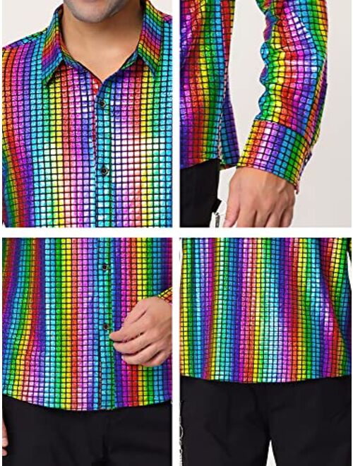 Lars Amadeus Men's Sequin Shiny Shirt Long Sleeves Button Down Disco Party Prom Shirt