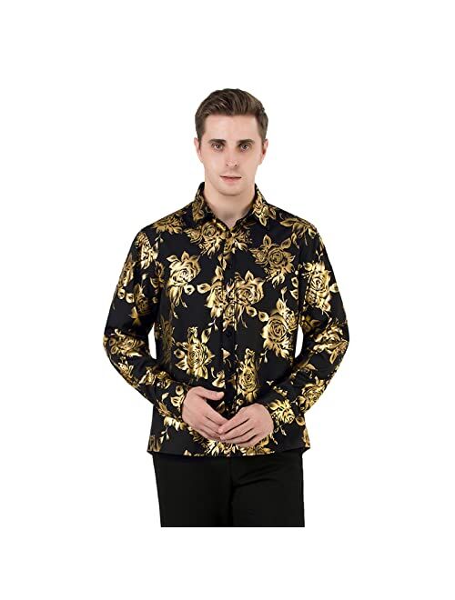 HISDERN Mens Shiny Gold Rose Printed Dress Shirts Luxury Disco Nightclub Long Sleeve Button Down Wedding Prom Shirt