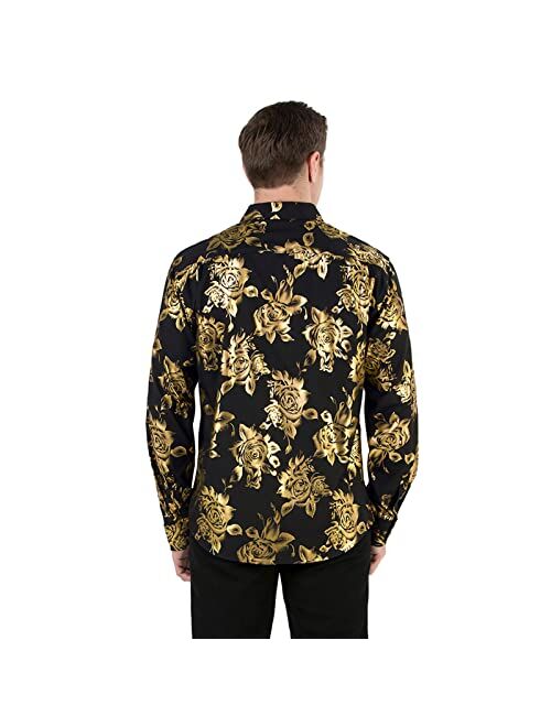 HISDERN Mens Shiny Gold Rose Printed Dress Shirts Luxury Disco Nightclub Long Sleeve Button Down Wedding Prom Shirt