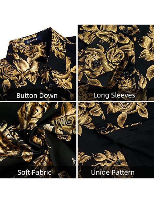 HISDERN Mens Shiny Gold Rose Printed Dress Shirts Luxury Disco Nightclub Long Sleeve Button Down Wedding Prom Shirt
