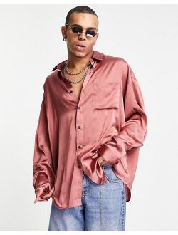 oversized satin shirt with dip back hem in dusky pink