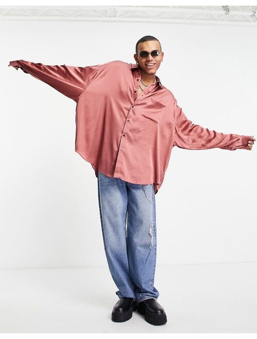 Asos Design oversized satin shirt with dip back hem in dusky pink