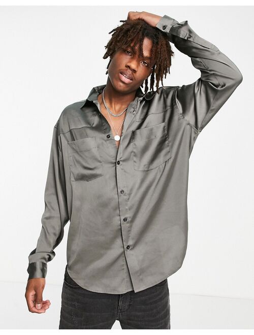 Asos Design oversized satin shirt with western detail in charcoal