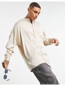 oversized overhead satin shirt with grandad collar in champagne