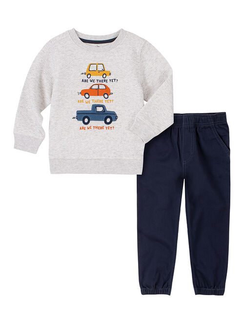 Kids Headquarters White & Blue Vehicles Crewneck Sweatshirt & Navy Joggers - Infant, Toddler & Boys