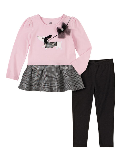Kids Headquarters Pink & Gray Polka Dot Dog Drop-Waist Dress & Black Leggings - Infant, Toddler & Girls