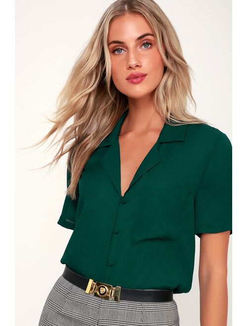 Lulus Good Luck Charm Dark Green Short Sleeve Button-Up Top