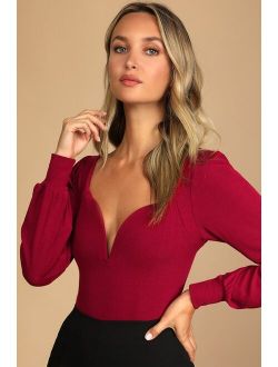 Flirting for Fun Wine Red Ribbed Long Sleeve Bodysuit