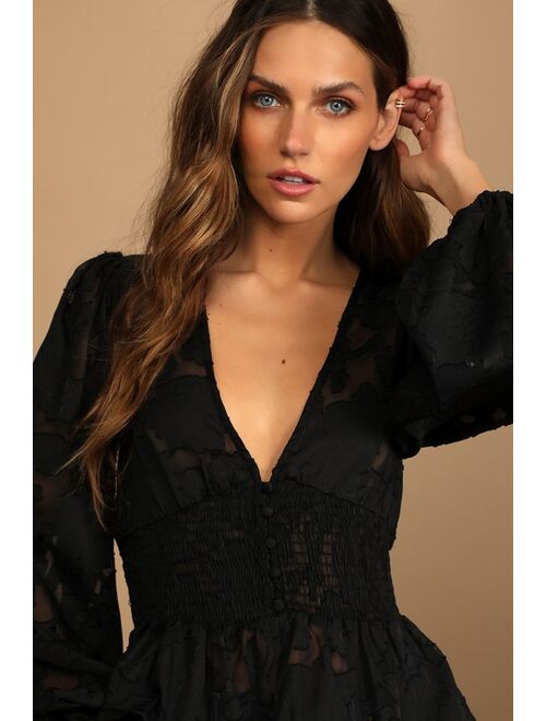 Lulus Patio Date Black Floral Jacquard Button-Up Long Sleeve Top