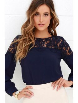 Picture This Navy Blue Long Sleeve Lace Top