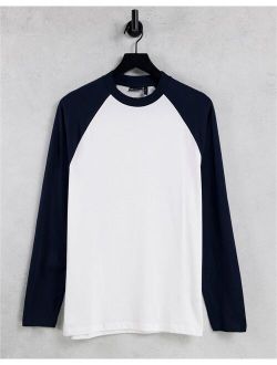long sleeve raglan t-shirt in white with contrast navy sleeves