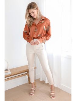 Prowlin' Around Rust Brown Cat Print Long Sleeve Button-Up Top