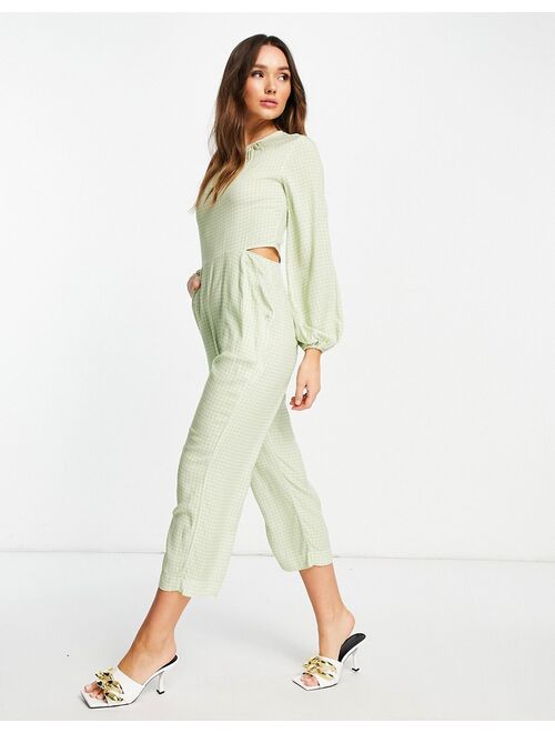Closet London gathered cut-out jumpsuit with pockets in sage gingham
