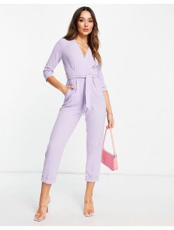 Closet London tie waist wrap jumpsuit in lilac