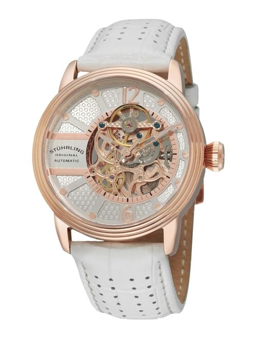 Stuhrling Stainless Steel Rose Tone Case on White Perforated Alligator Embossed Genuine Leather Strap with Gray Contrast Stitching, Silver Skeletonized Dial, with Rose Tone Accents