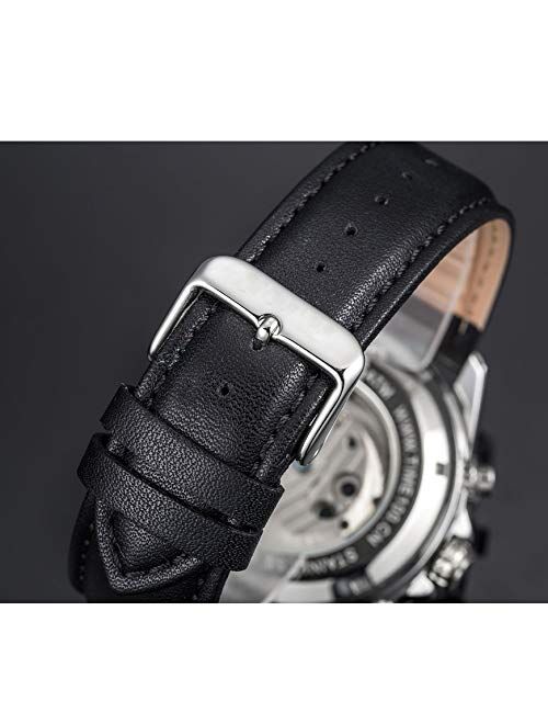 SURVAN WatchDesigner Men's Automatic Dual Time Zone Mechanical Skeleton Watch Genuine Leather Strap