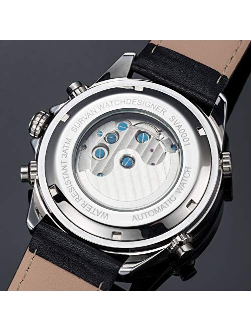 SURVAN WatchDesigner Men's Automatic Dual Time Zone Mechanical Skeleton Watch Genuine Leather Strap
