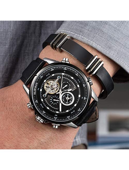 SURVAN WatchDesigner Men's Automatic Dual Time Zone Mechanical Skeleton Watch Genuine Leather Strap