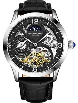 Stührling Original Automatic Watch for Men Skeleton Watch Dial, Dual Time, AM/PM Sun Moon, Leather Band, 571 Mens Watches Series